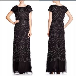 Adrianna Papell Short Sleeved Beaded Blouson Evening Gown in Black